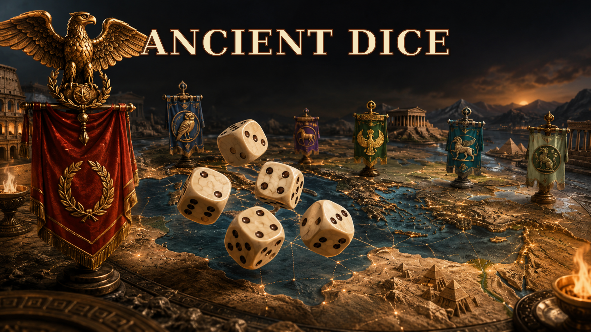 Ancient standards and dice crossing an illuminated Mediterranean campaign map